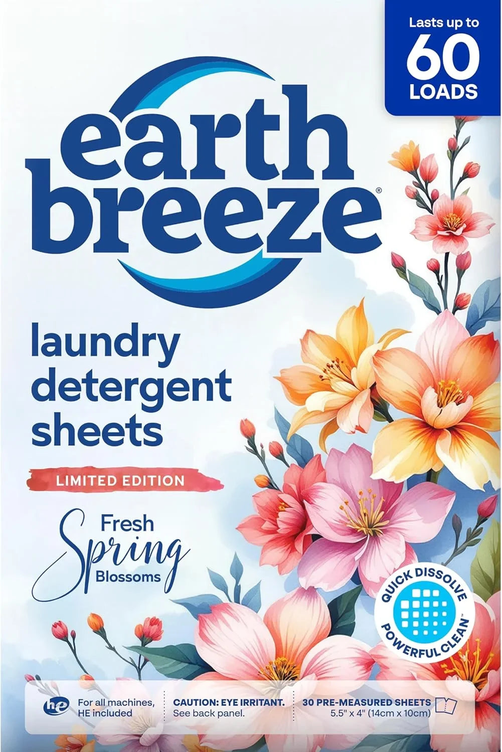 Earth Breeze Laundry Detergent Sheets Fresh Spring Blossoms 60 Loads